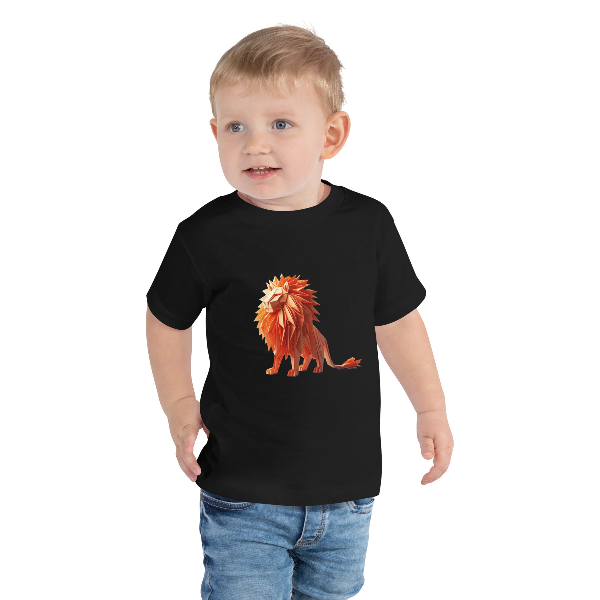 Toddler with a black T-shirt with a print of a lion