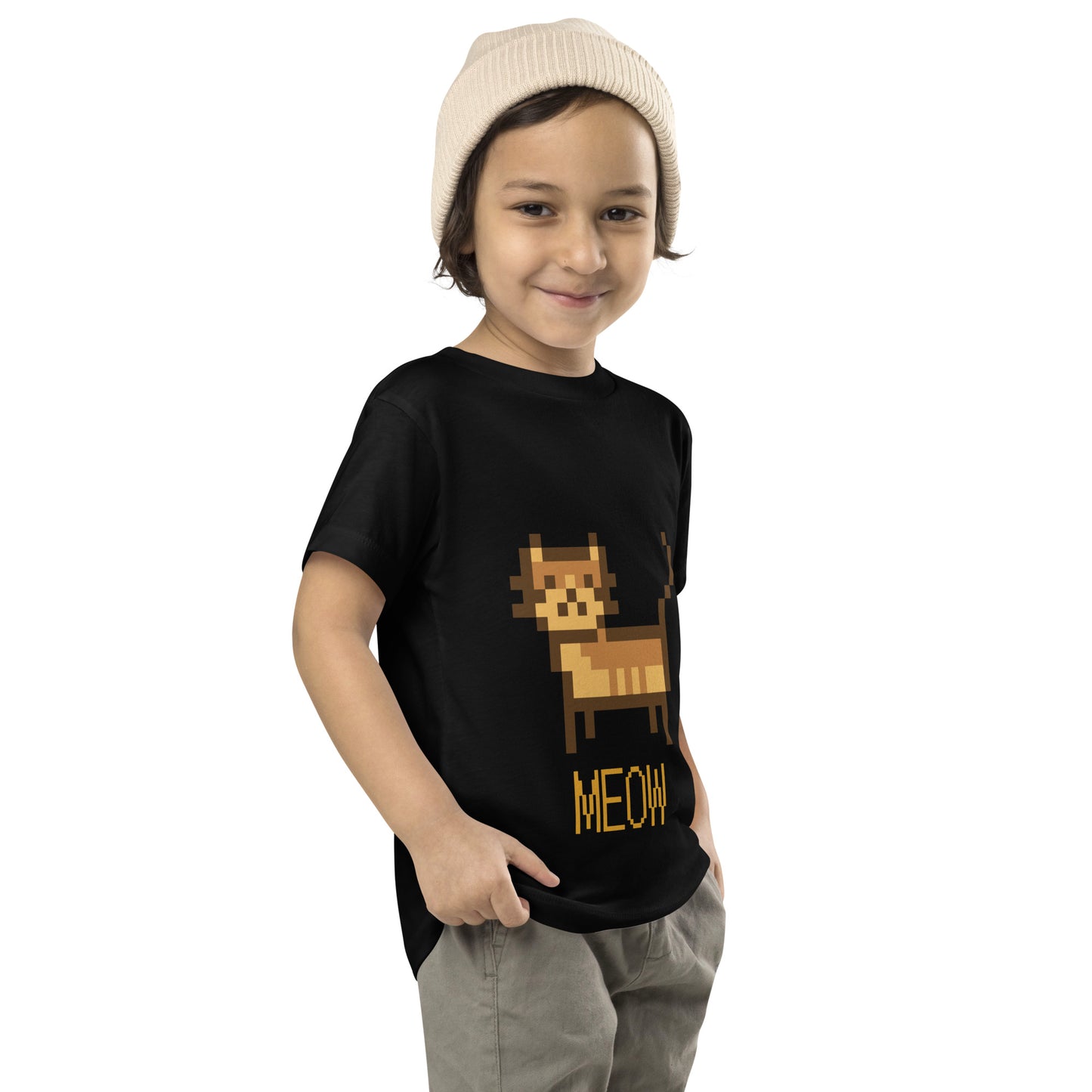 Toddler with black T-shirt with short sleeve and a pixel picture of a cat and the text MEOW
