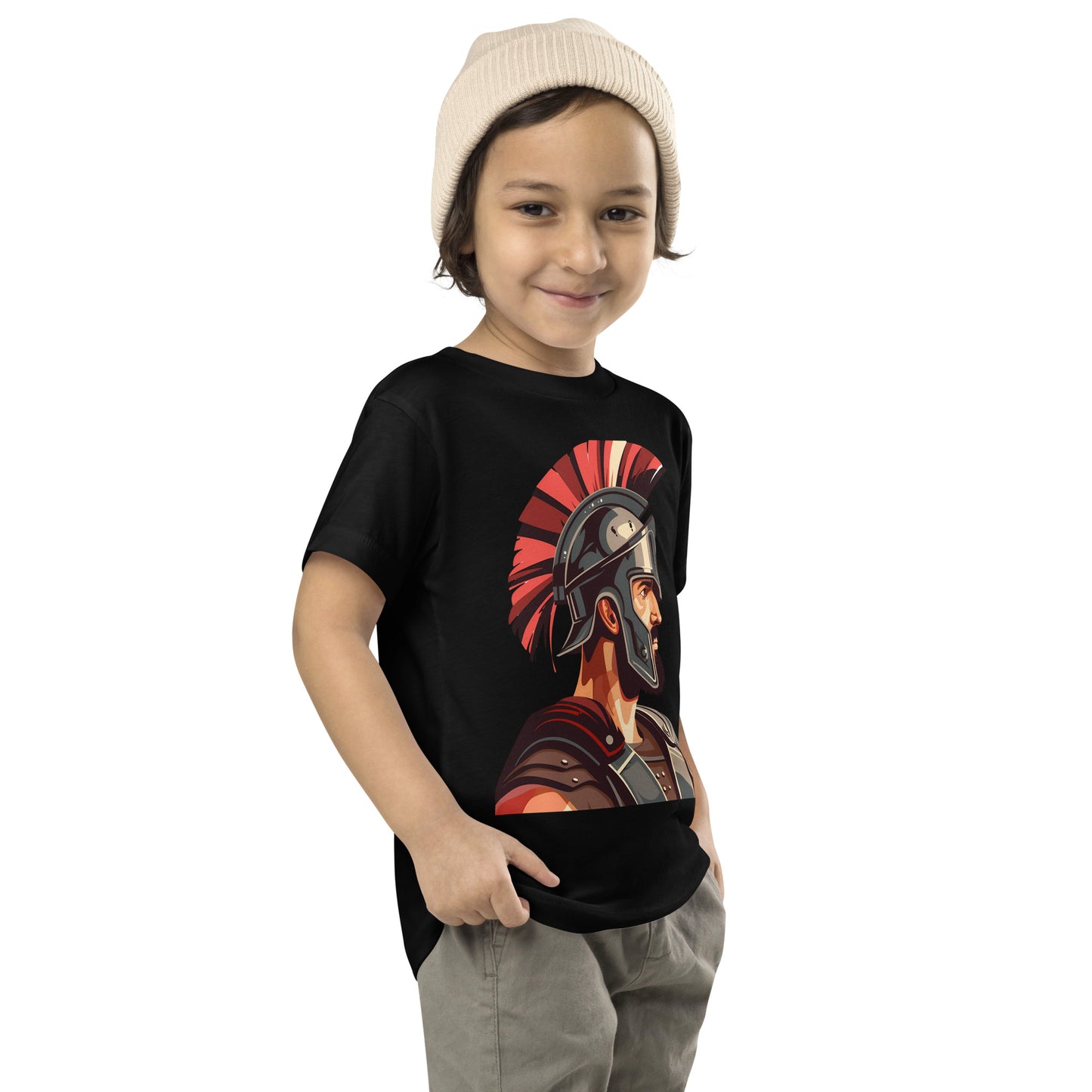 Toddler with a black T-shirt with a print of a warrior