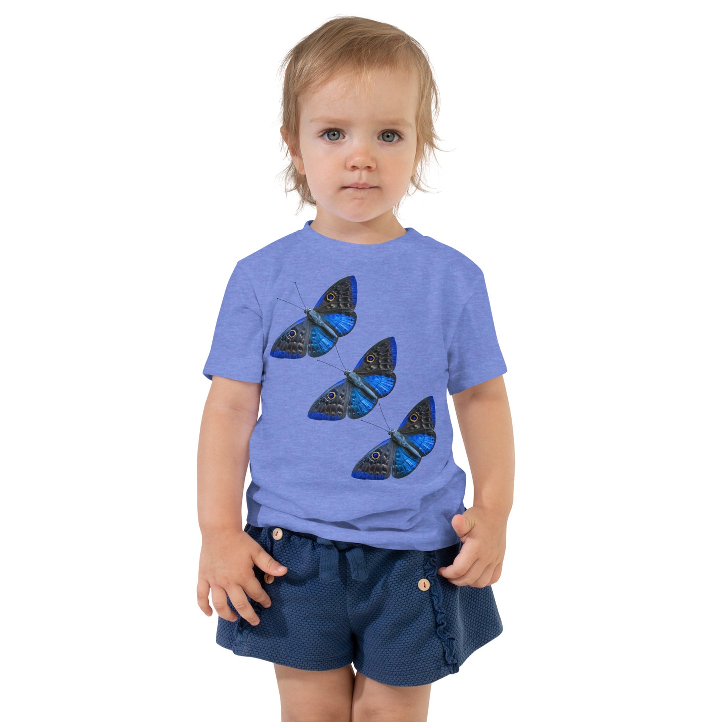 toddler with blue t-shirt with print of 3 blue butterfly's  