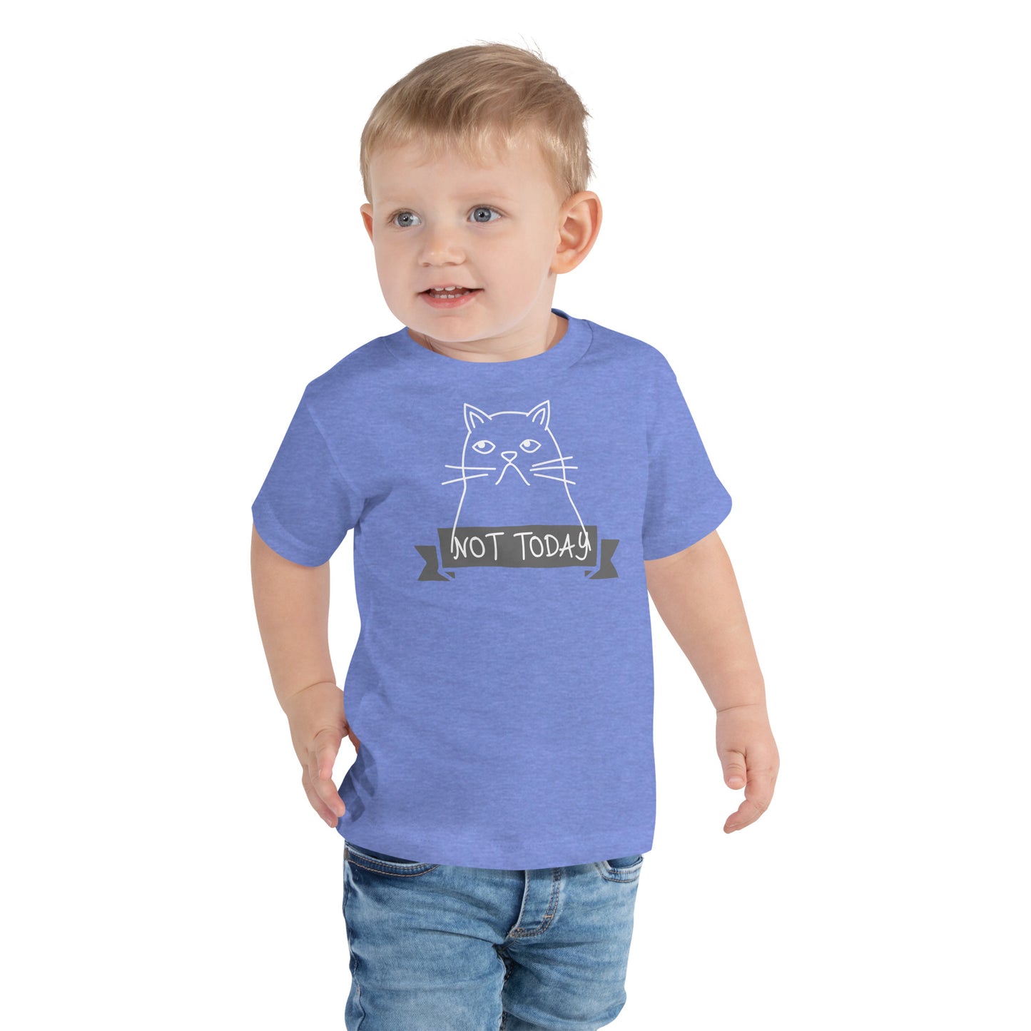 toddler with blue t-shirt with drawing of a cat and text "Not today"