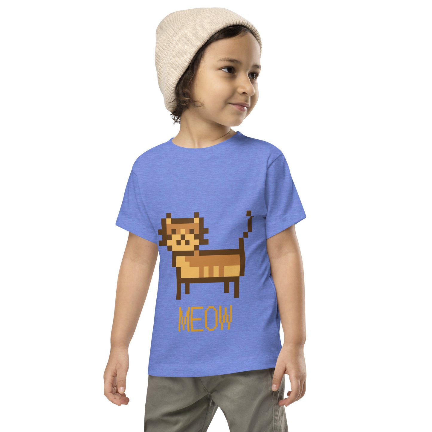 Toddler with columbia blue T-shirt with short sleeve and a pixel picture of a cat and the text MEOW