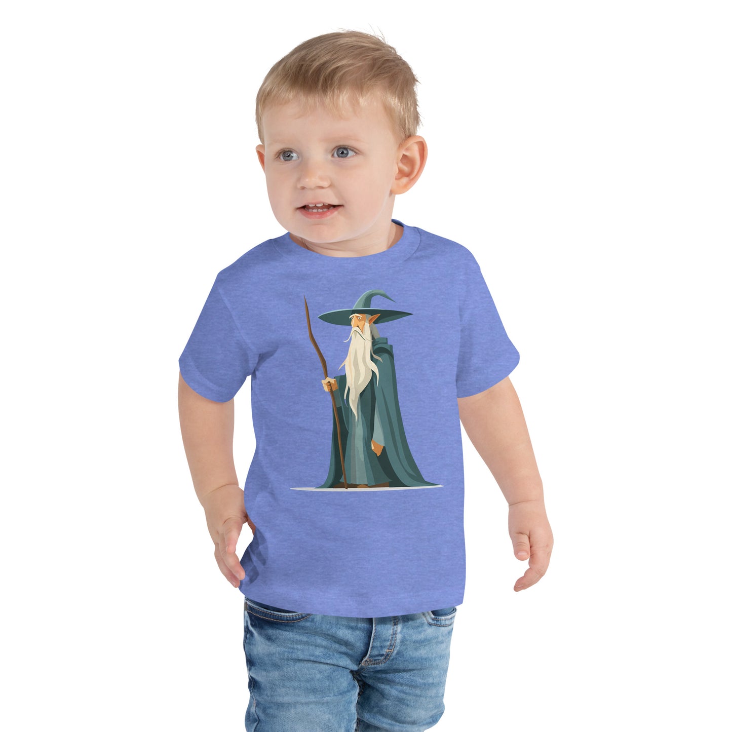 Toddler with a columbia blue T-shirt with a picture of a magician