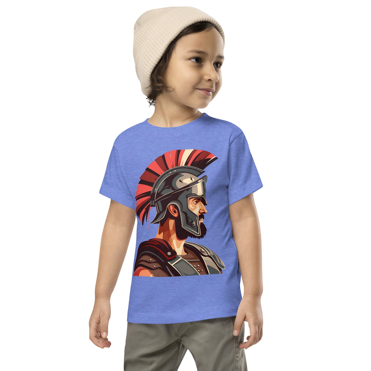 Toddler with a columbia blue T-shirt with a print of a warrior