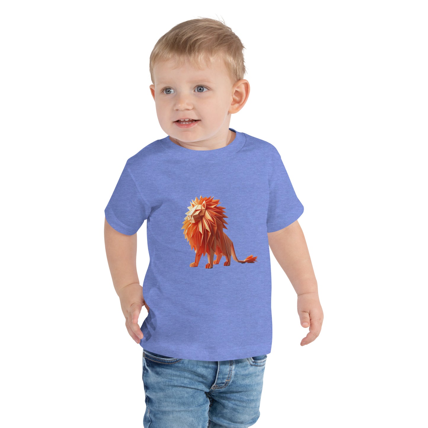 Toddler with a columbia blue T-shirt with a print of a lion