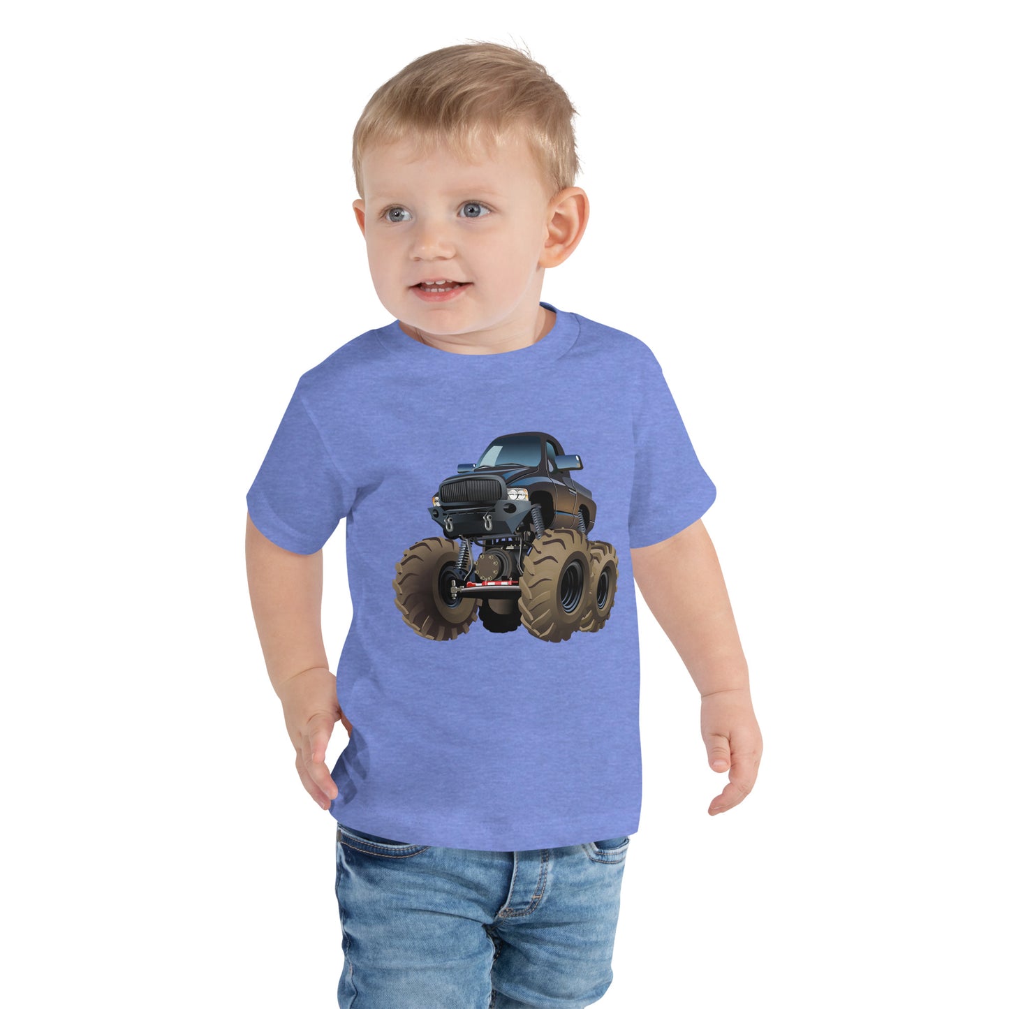 Toddler with columbia blue T-shirt with picture of a monstertruck