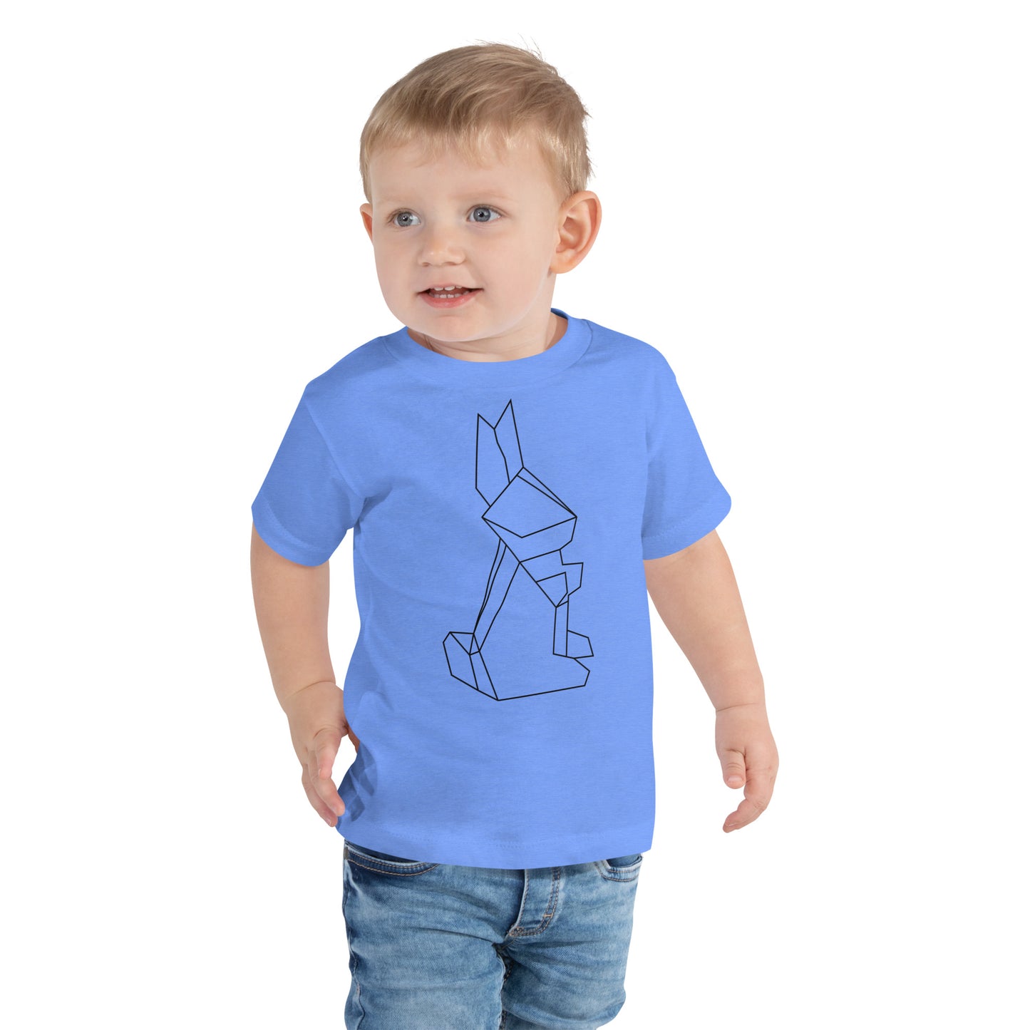 Toddler with columbia blue T-shirt with a origami rabbit