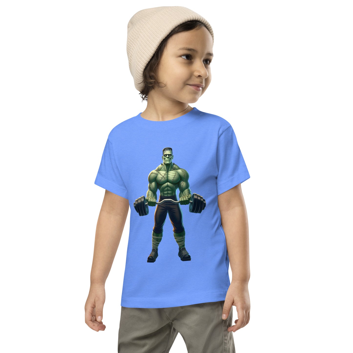 Toddler with colombia blue T-shirt with a print of a bodybuilder