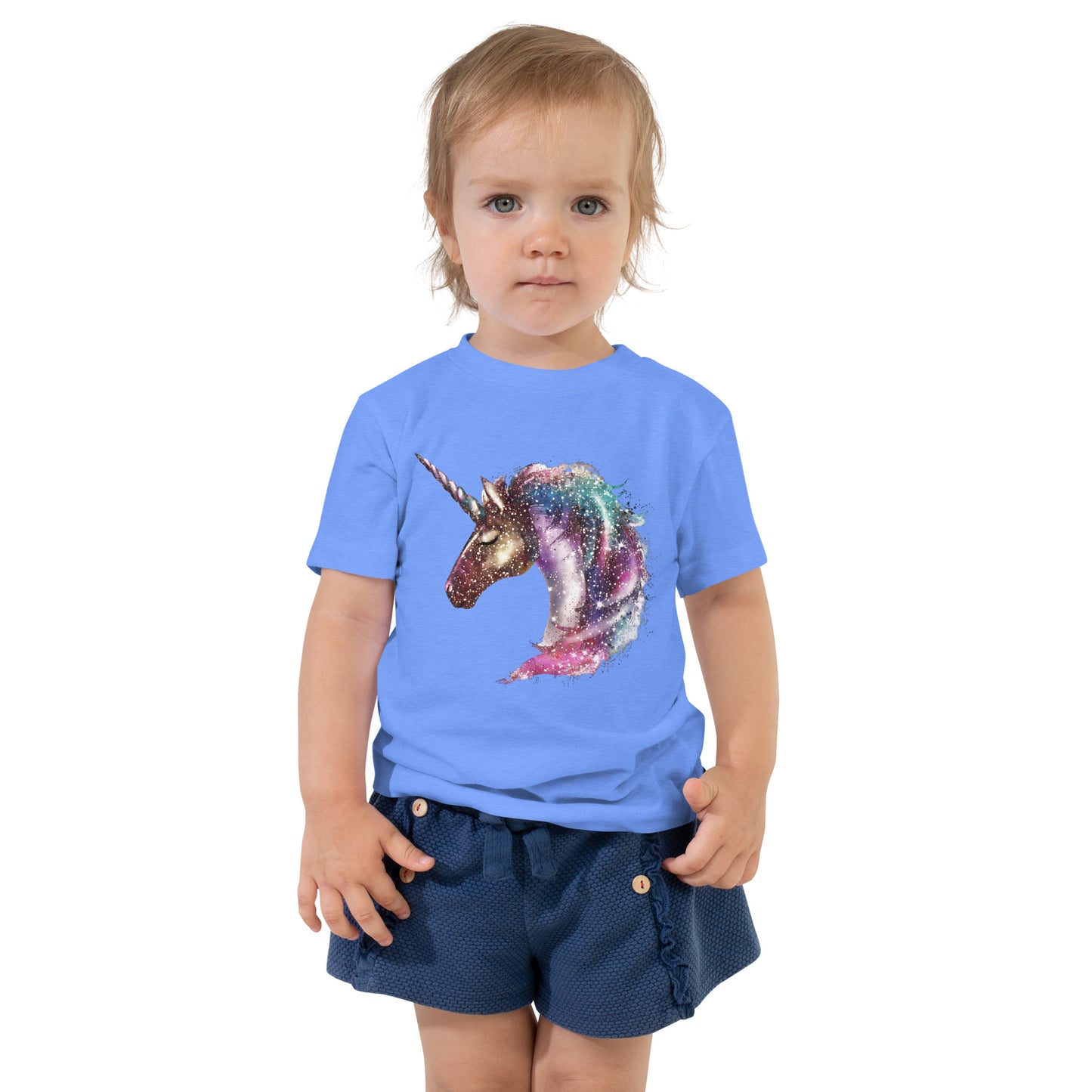 Toddler with colombia blue T-shirt with print of a unicorn