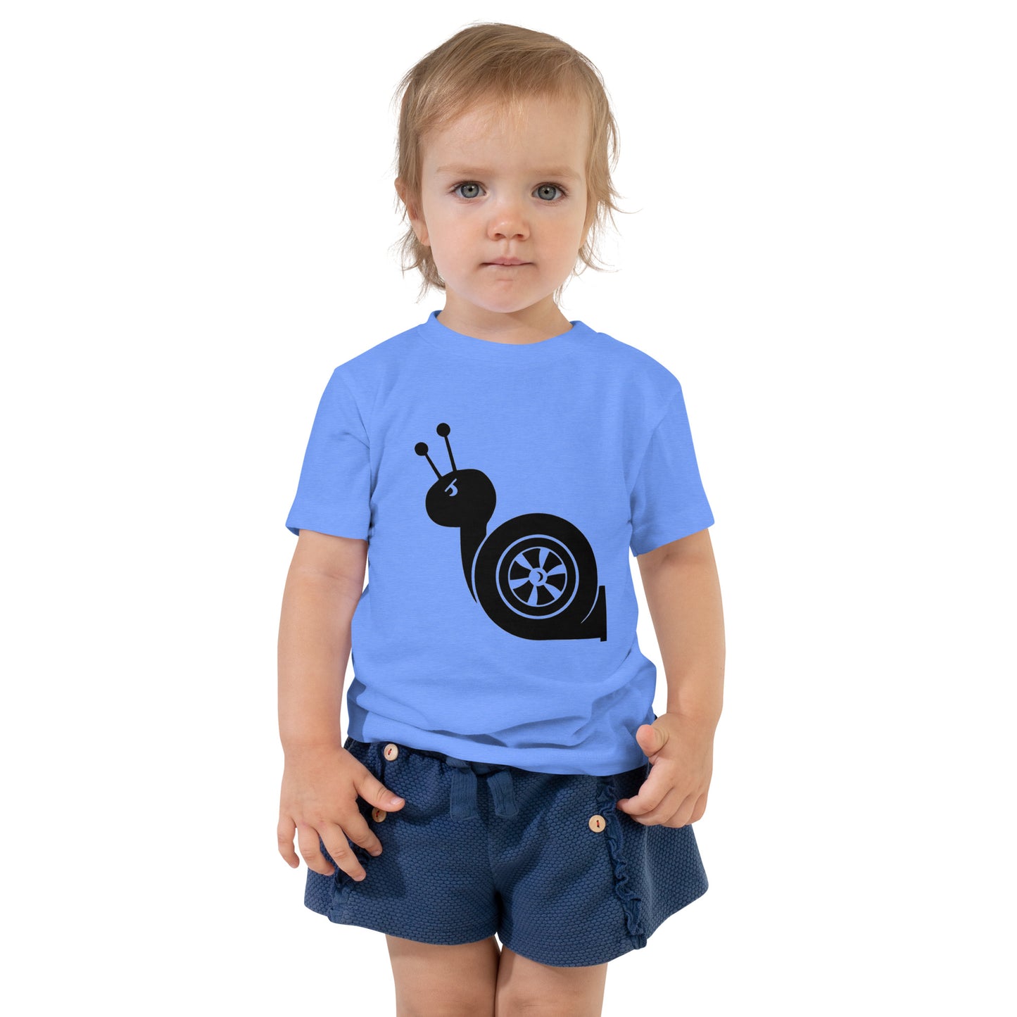 Toddler with colombia blue T-shirt with a turbo snail