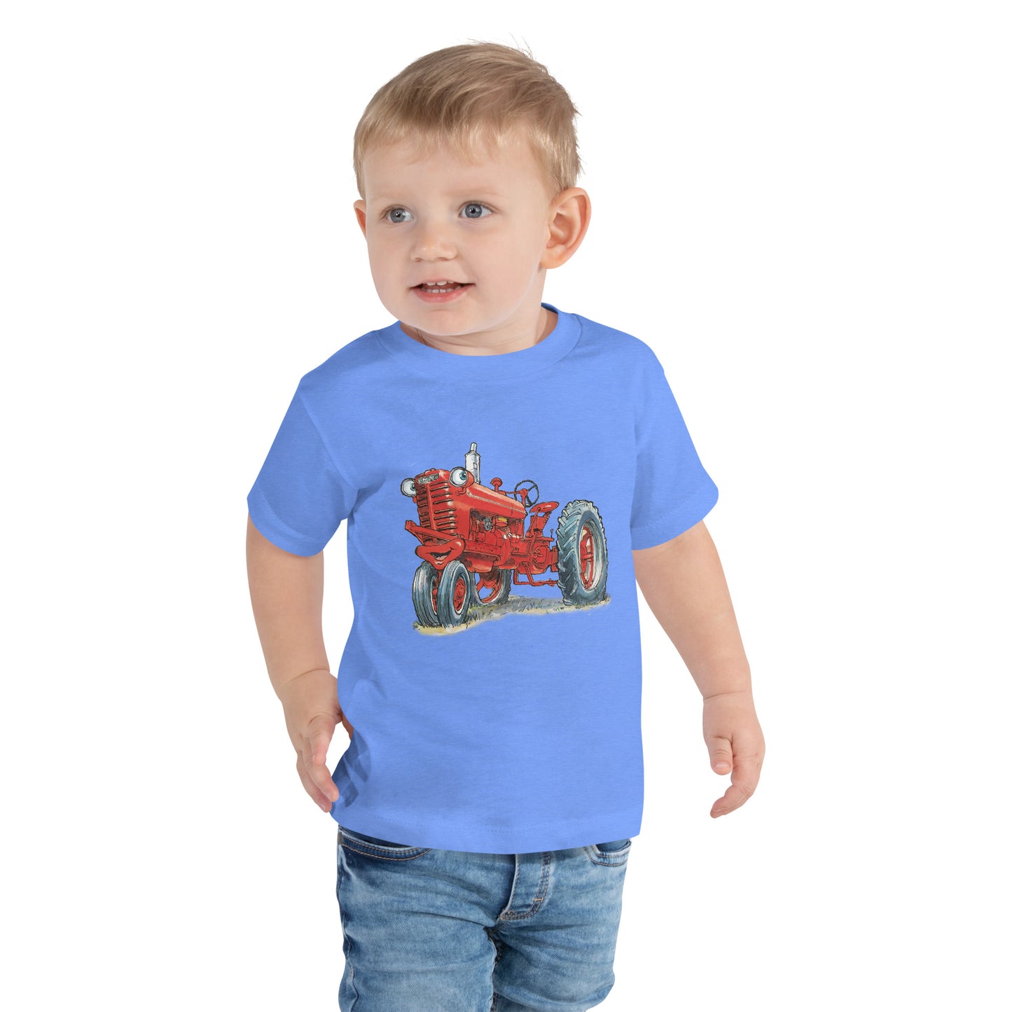 Baby with columbia blue body and a print of a red tractor