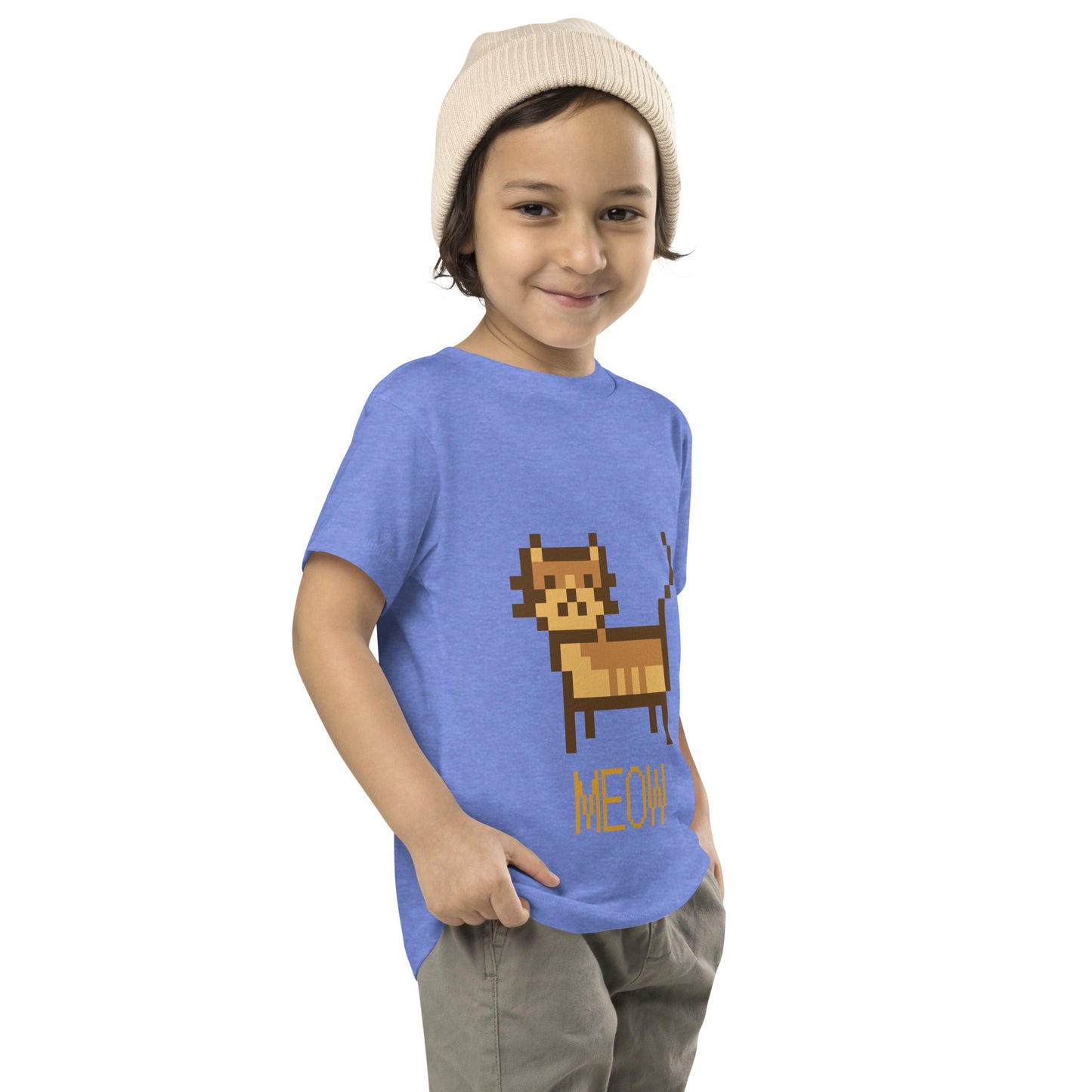 Toddler with columbia blue T-shirt with short sleeve and a pixel picture of a cat and the text MEOW