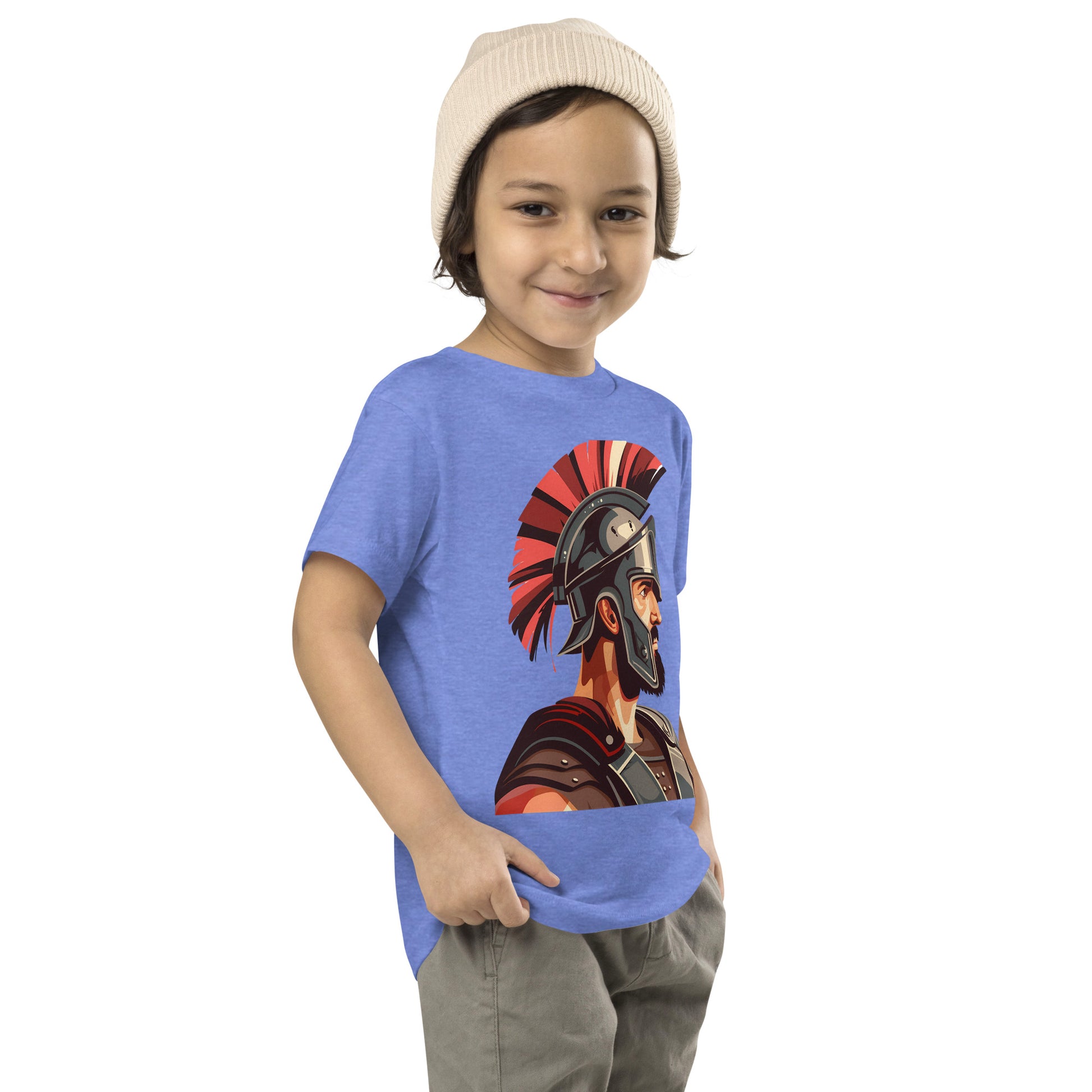 Toddler with a colombia blue T-shirt with a print of a warrior