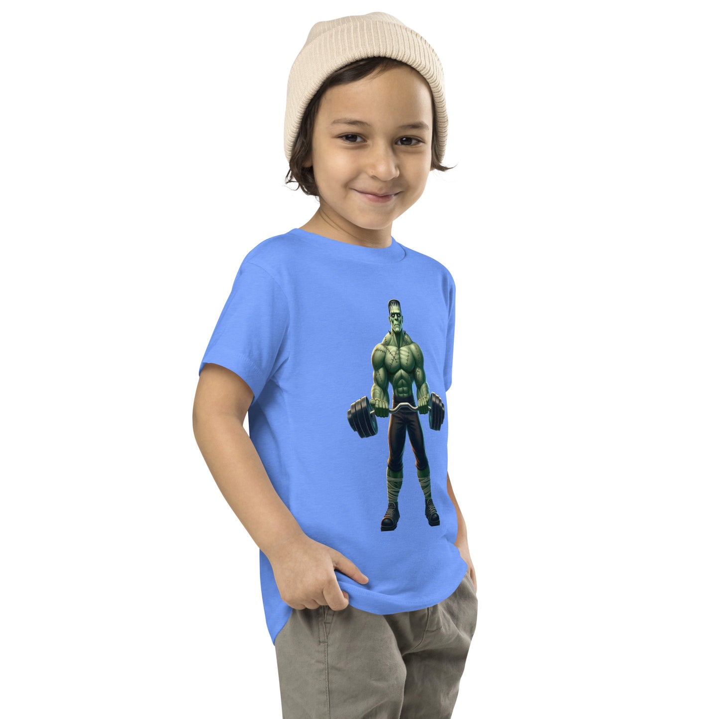 Toddler with colombia blue T-shirt with a print of a bodybuilder