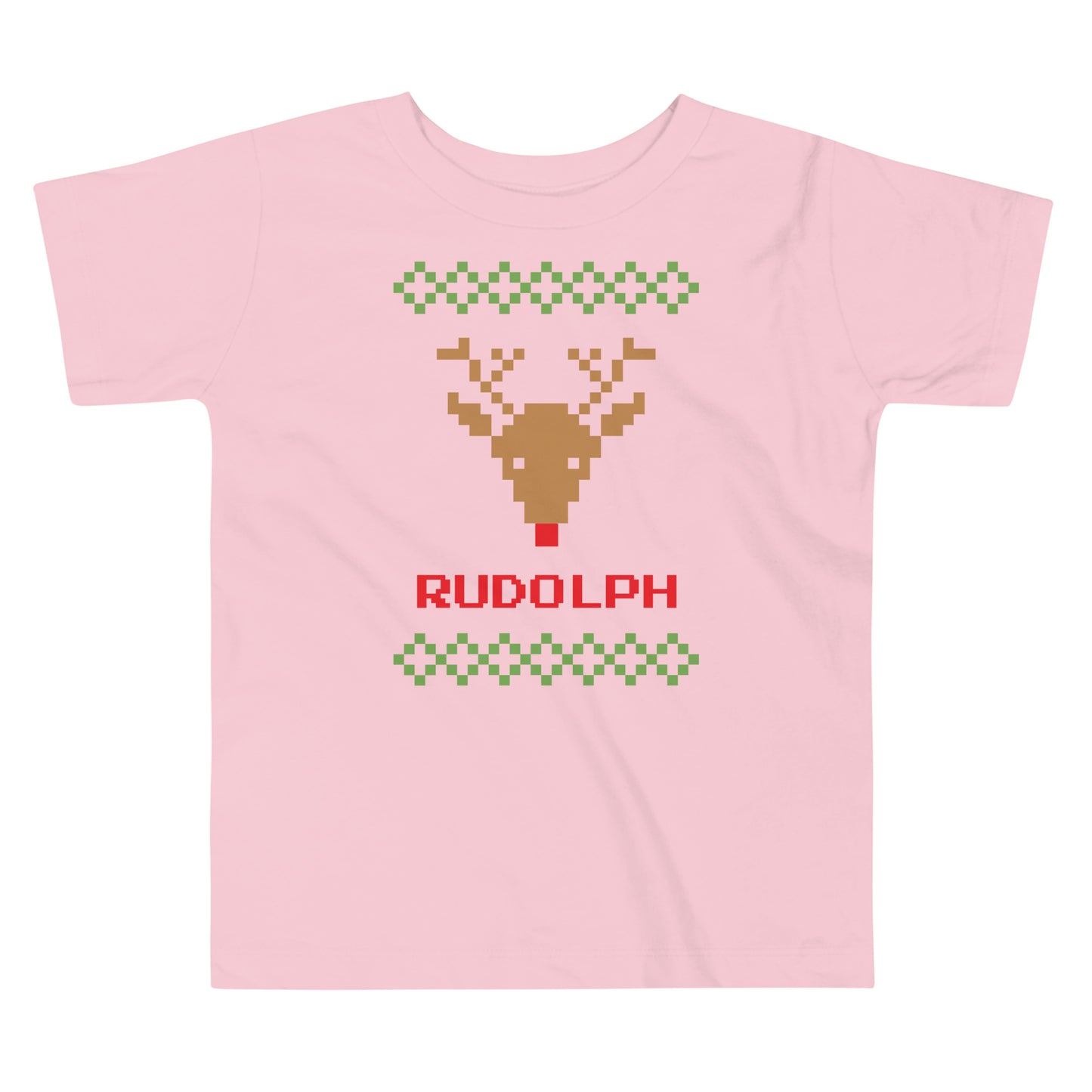 Pink t-shirt with a pixeled picture of a reindeer and the word “Rudolph”