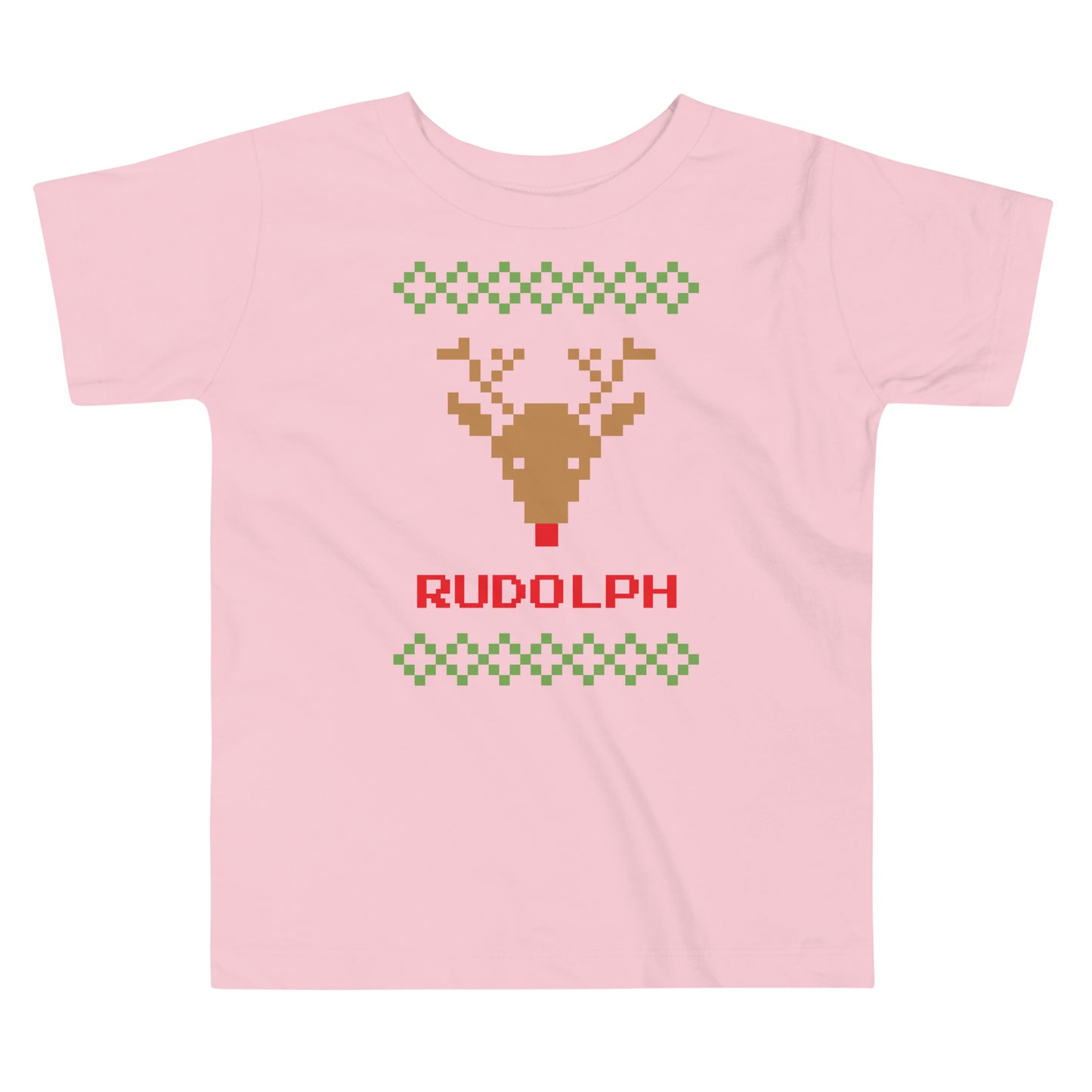 Pink t-shirt with a pixeled picture of a reindeer and the word “Rudolph” 