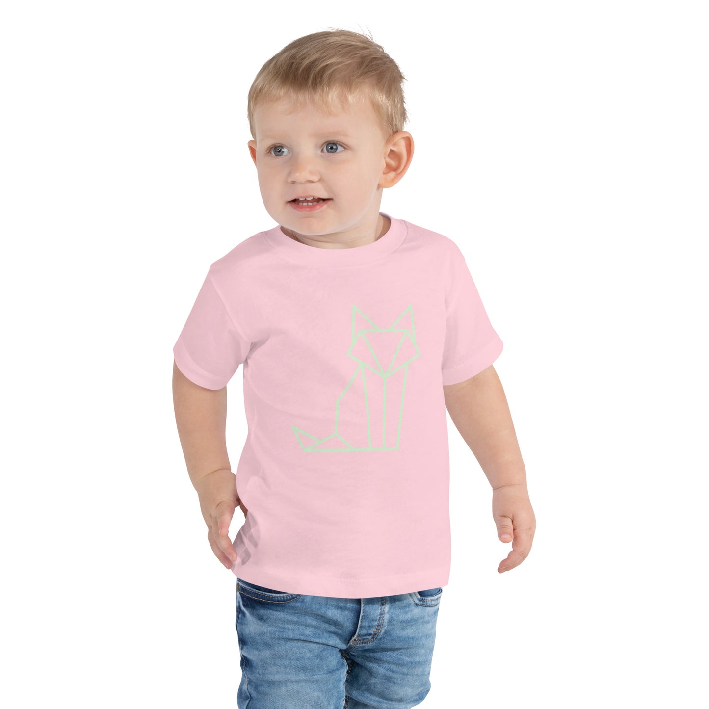 Toddler with a pink T-shirt with short sleeve with a print of a fox in green