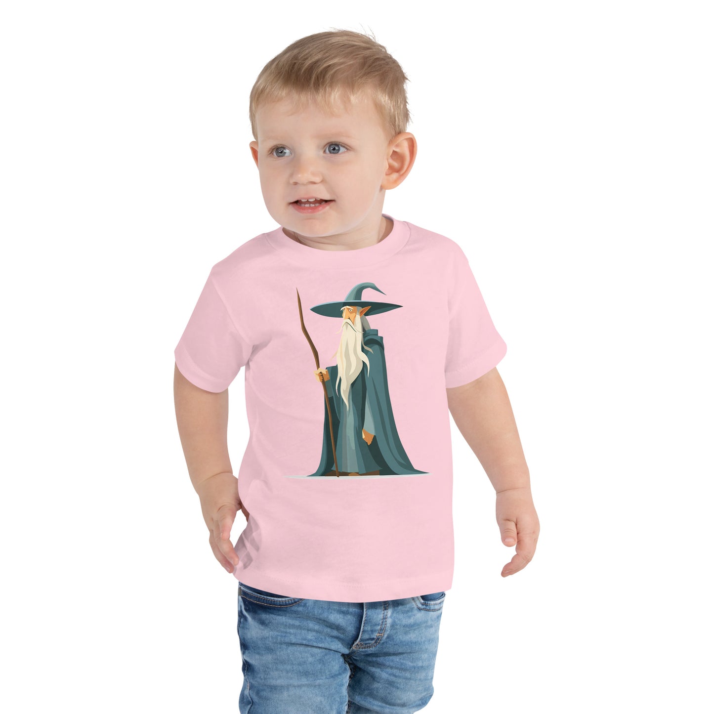 Toddler with a pink T-shirt with a picture of a magician