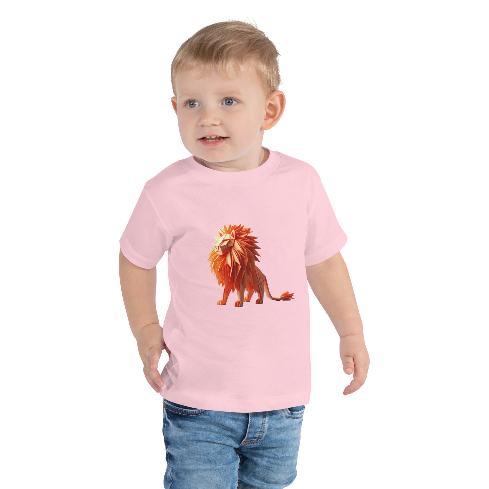 Toddler with a pink T-shirt with a print of a lion