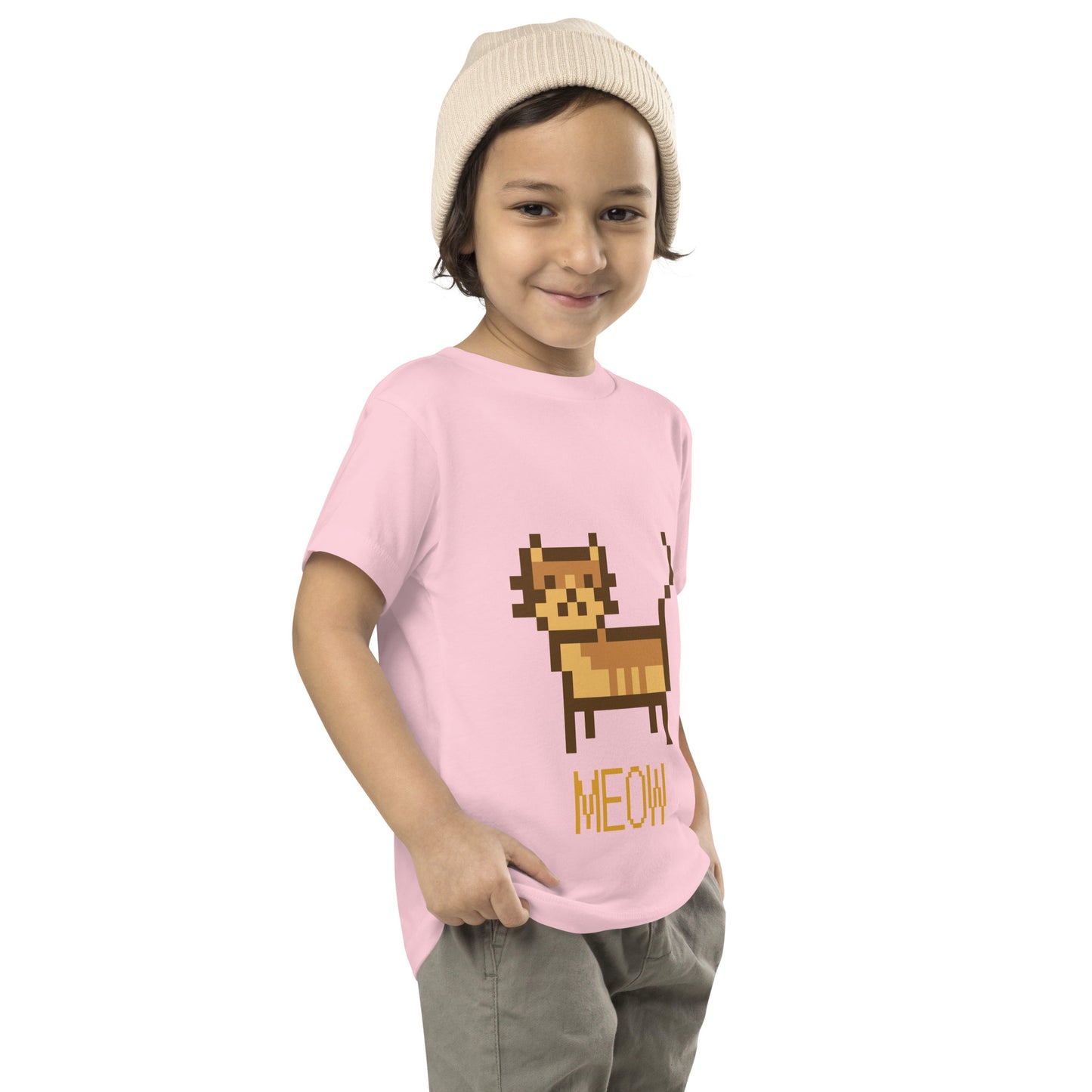 Toddler with pink T-shirt with short sleeve and a pixel picture of a cat and the text MEOW