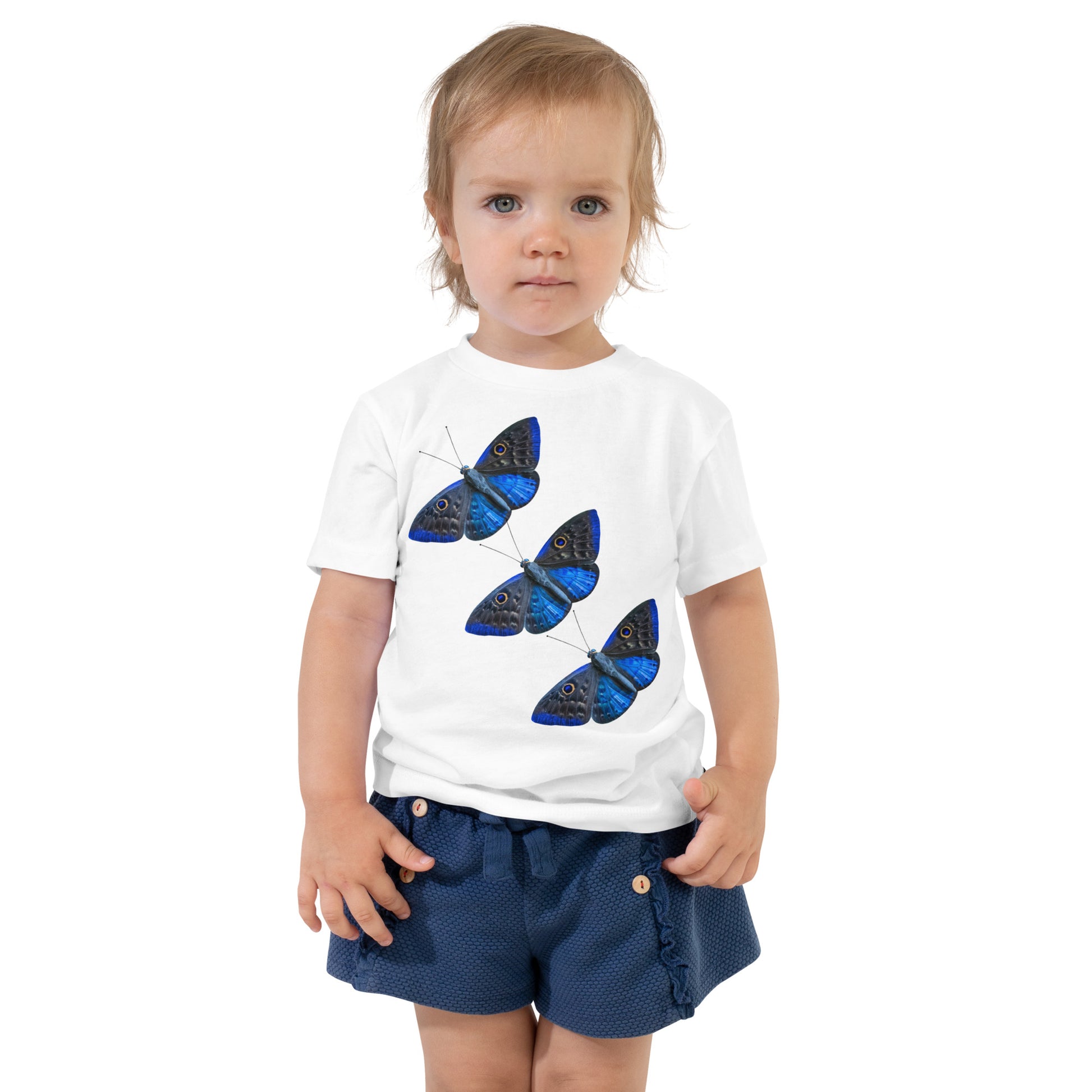 toddler with white t-shirt with print of 3 blue butterfly's  