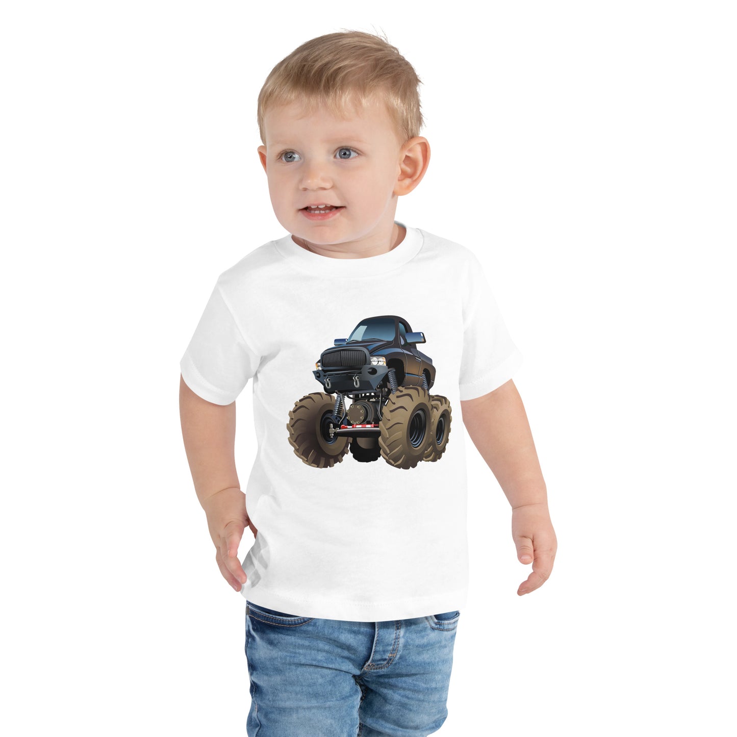 Toddler with white T-shirt with picture of a monstertruck