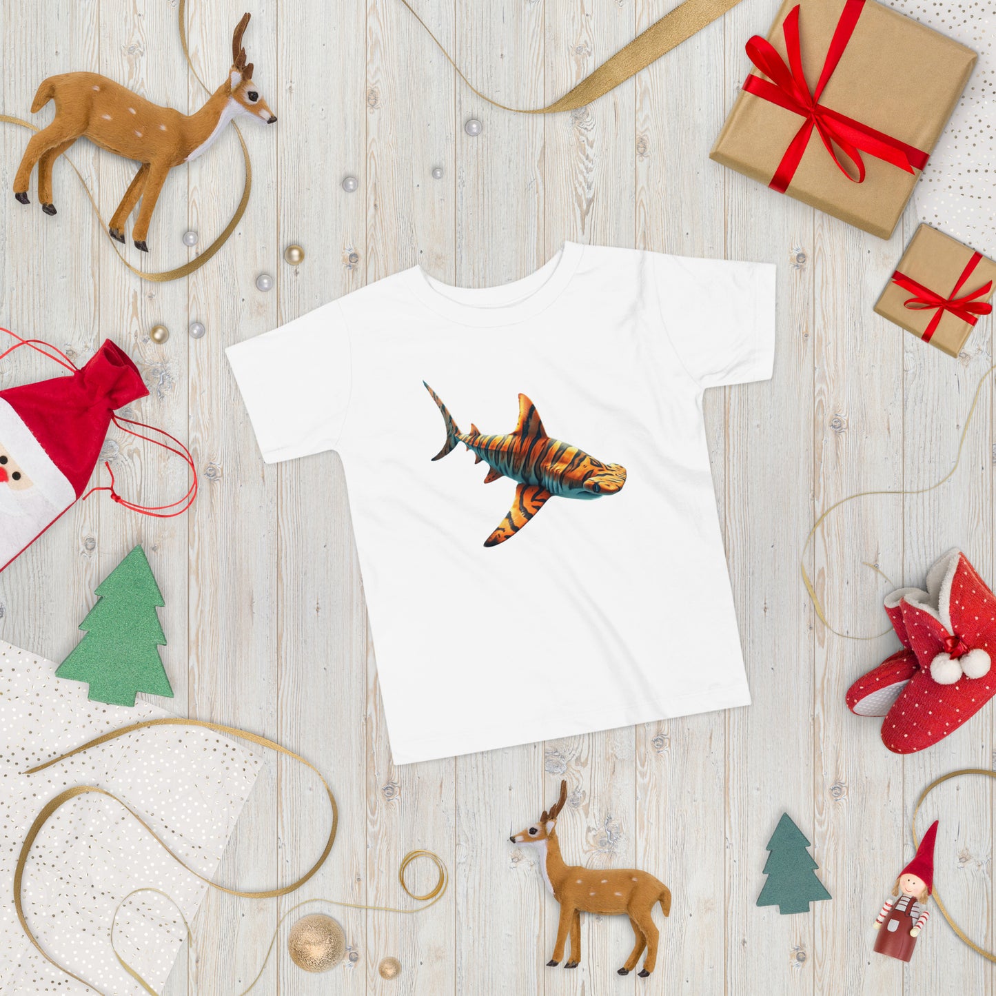 White t-shirt for toddler with a print of a hammerhead shark