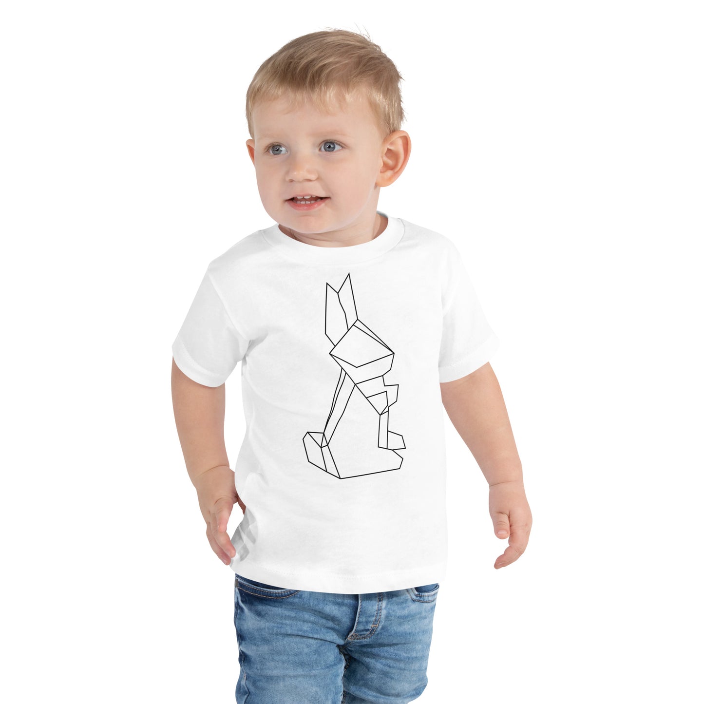 Toddler with white T-shirt with a origami rabbit