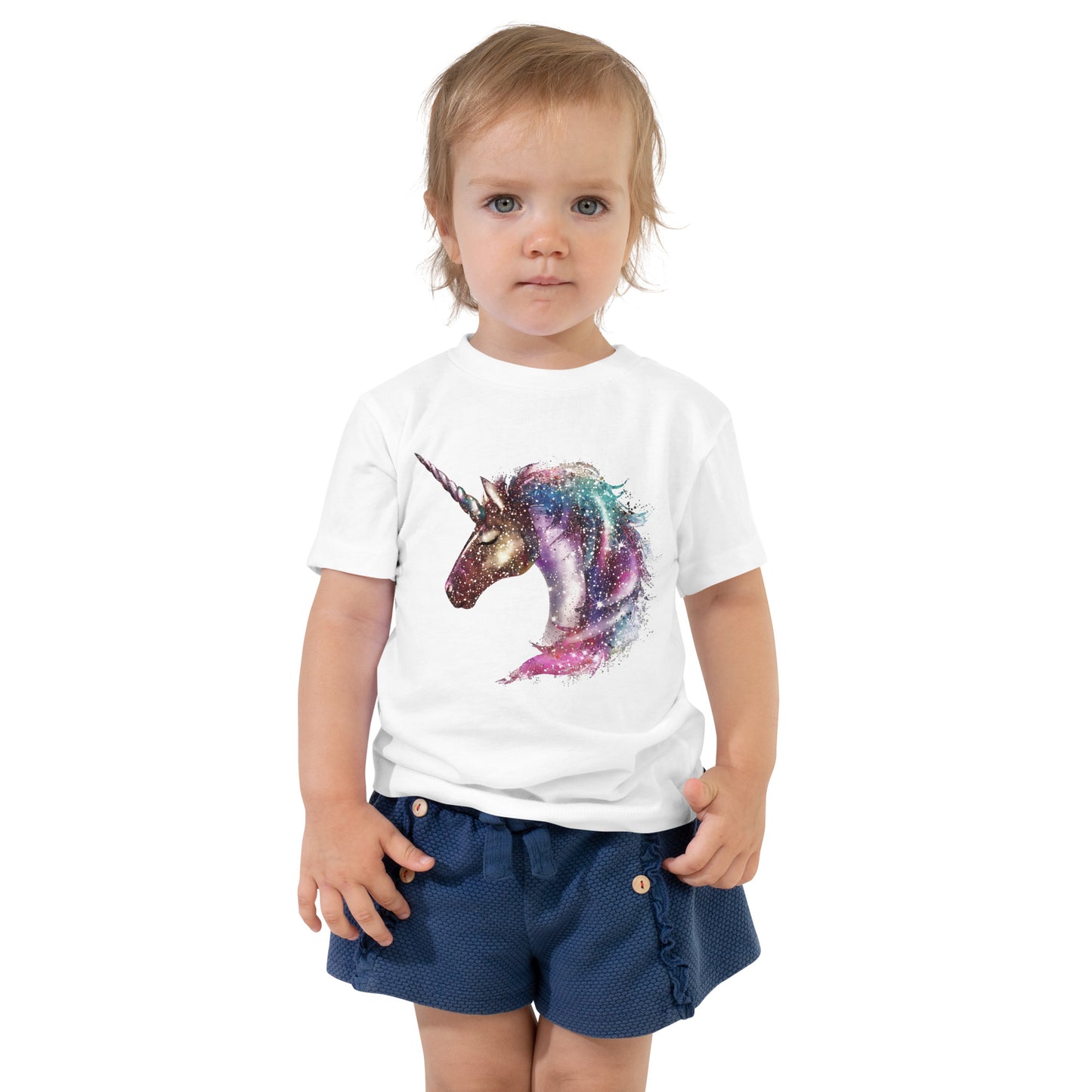 Toddler with white T-shirt with print of a unicorn