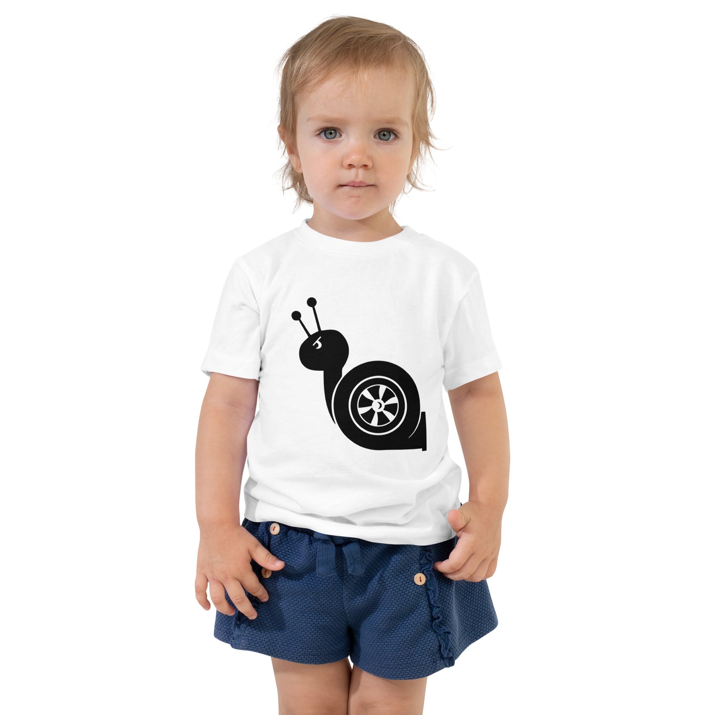 Toddler with white T-shirt with a turbo snail