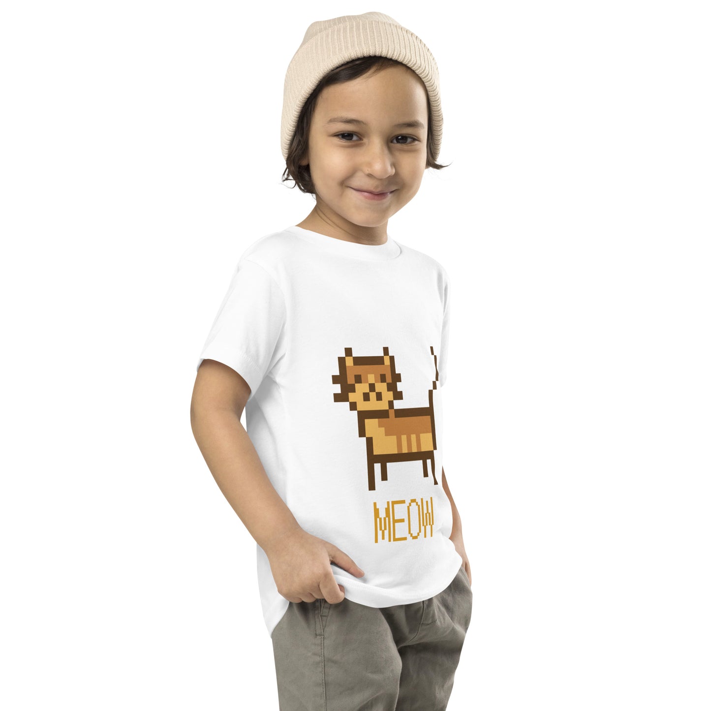 Toddler with white T-shirt with short sleeve and a pixel picture of a cat and the text MEOW
