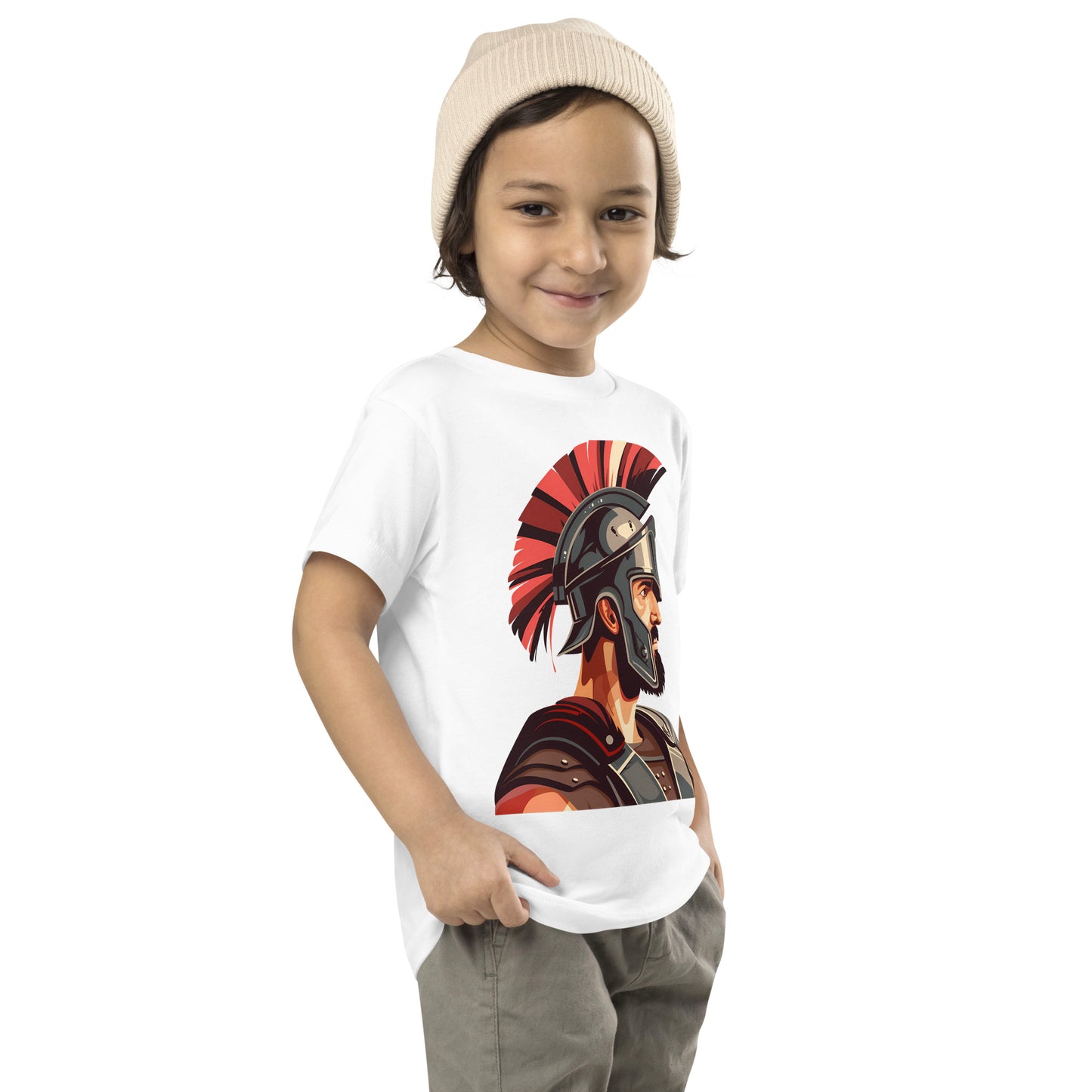Toddler with a white T-shirt with a print of a warrior