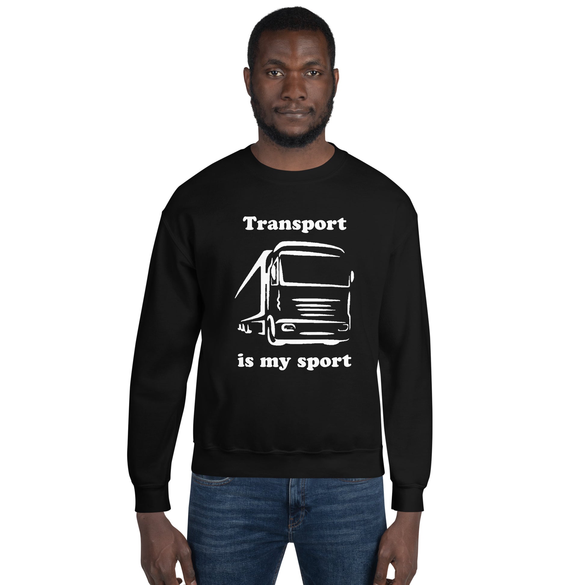 Man with black sweatshirt with picture of truck and text "Transport is my sport"