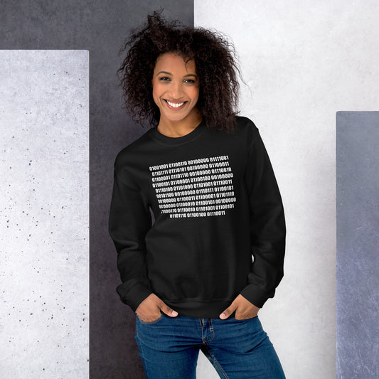 Women with black sweatshirt with binaire text "If you can read this"