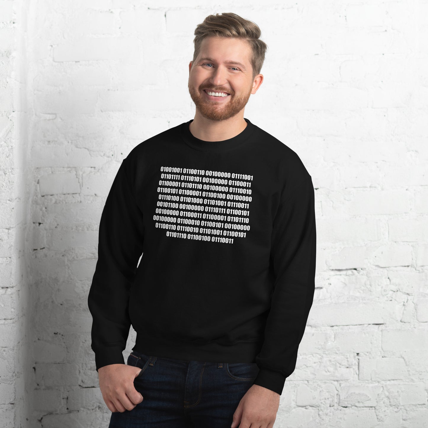 Men with black sweatshirt with binaire text "If you can read this"