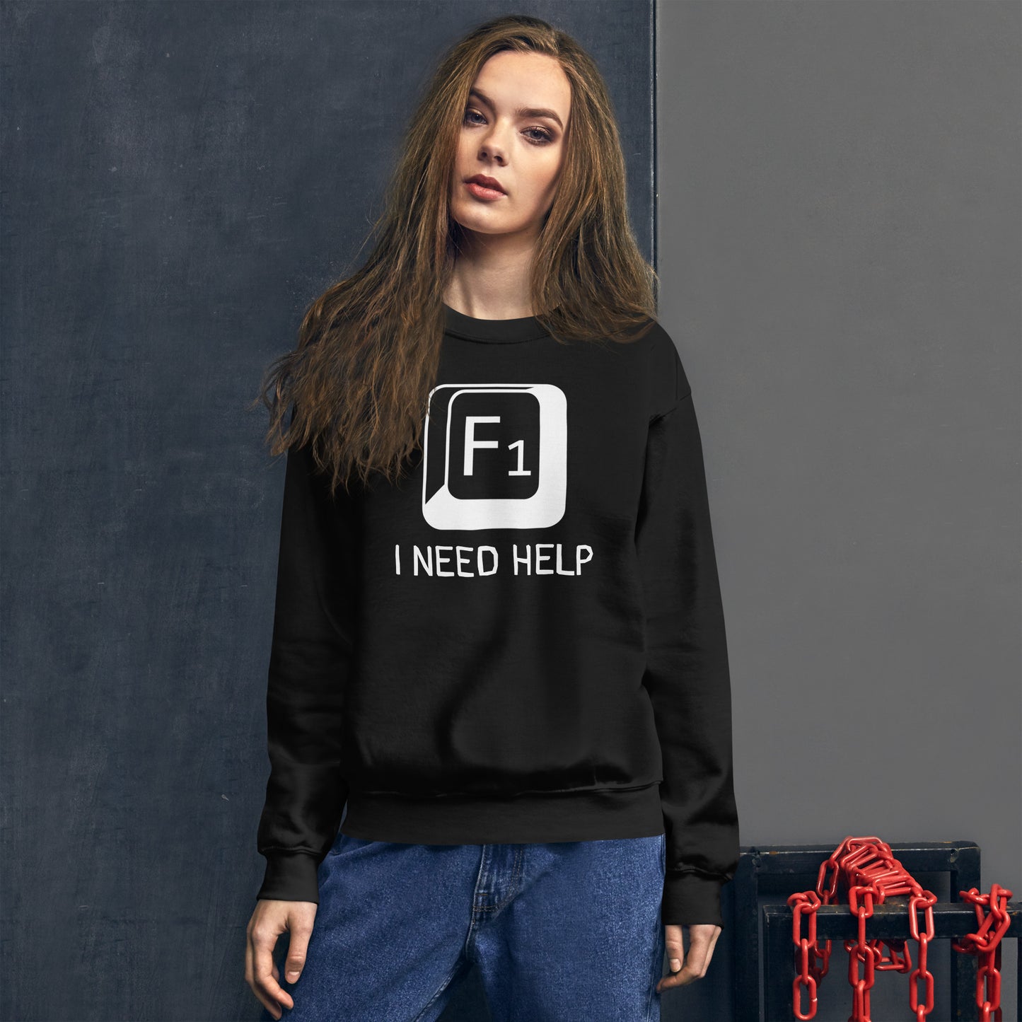 Women with black sweatshirt and a picture of F1 key with text "I need help"