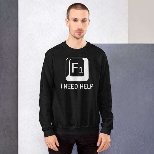 Men with black sweatshirt and a picture of F1 key with text "I need help"