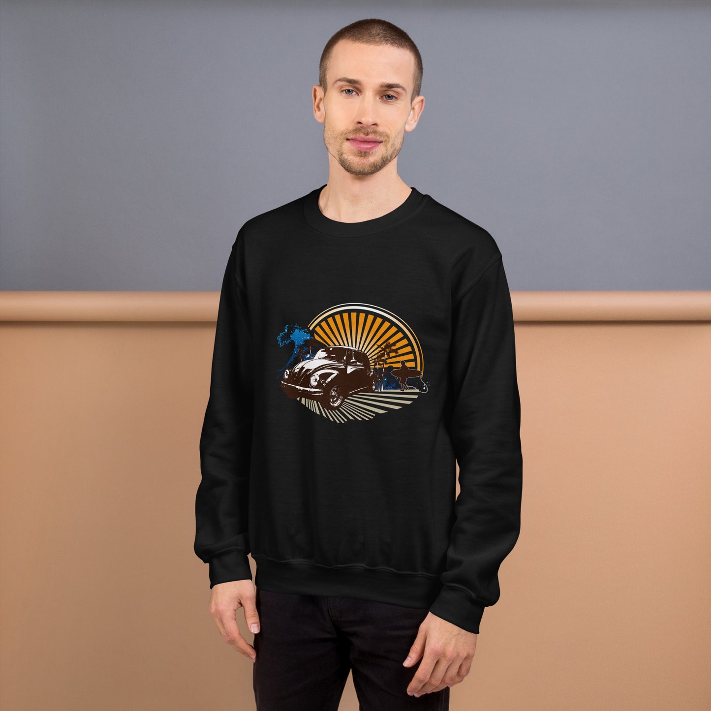 Men with black sweatshirt with sunset and beetle car