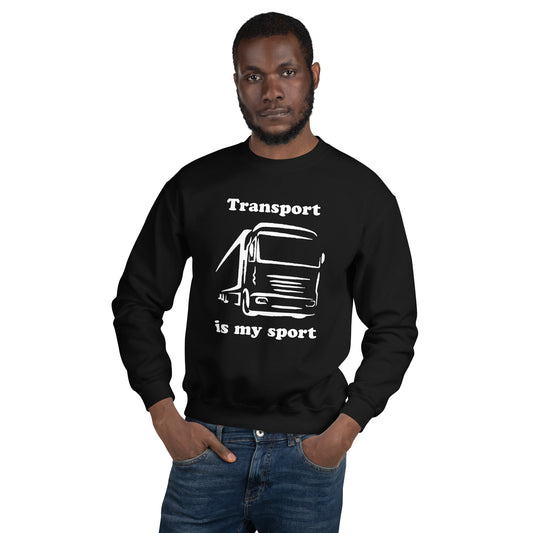 Man with black sweatshirt with picture of truck and text "Transport is my sport"