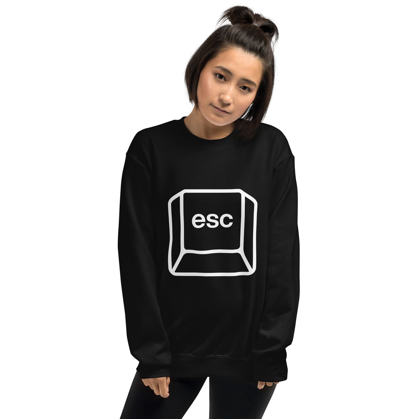 Woman with black sweatshirt with picture of esc key