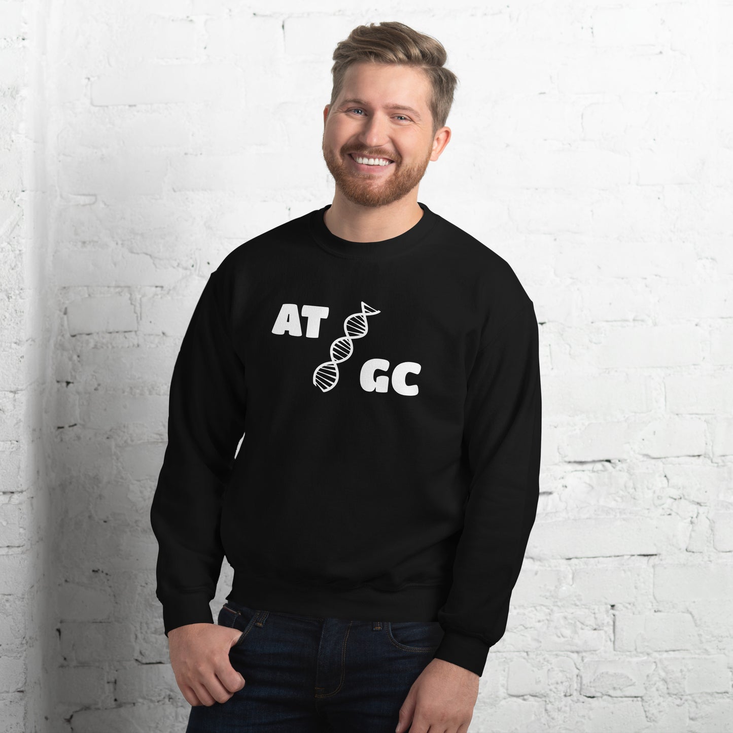 Men with black sweatshirt with image of a DNA string and the text "ATGC"