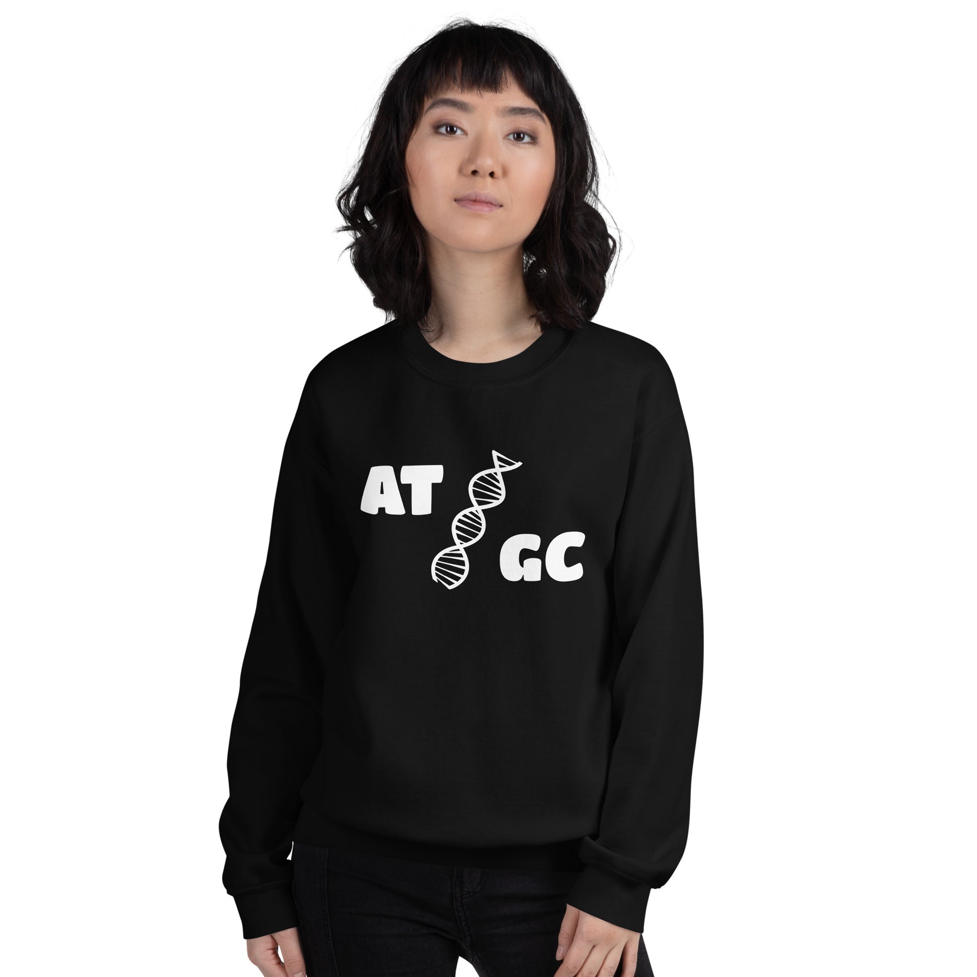 Women with black sweatshirt with image of a DNA string and the text "ATGC"