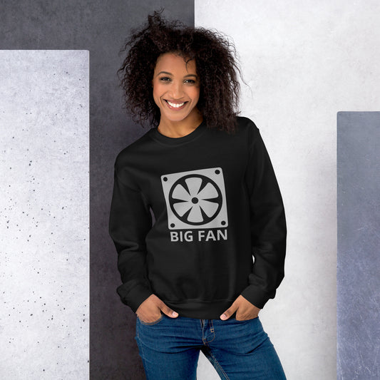 Women with black sweatshirt with image of a big computer fan and the text "BIG FAN"