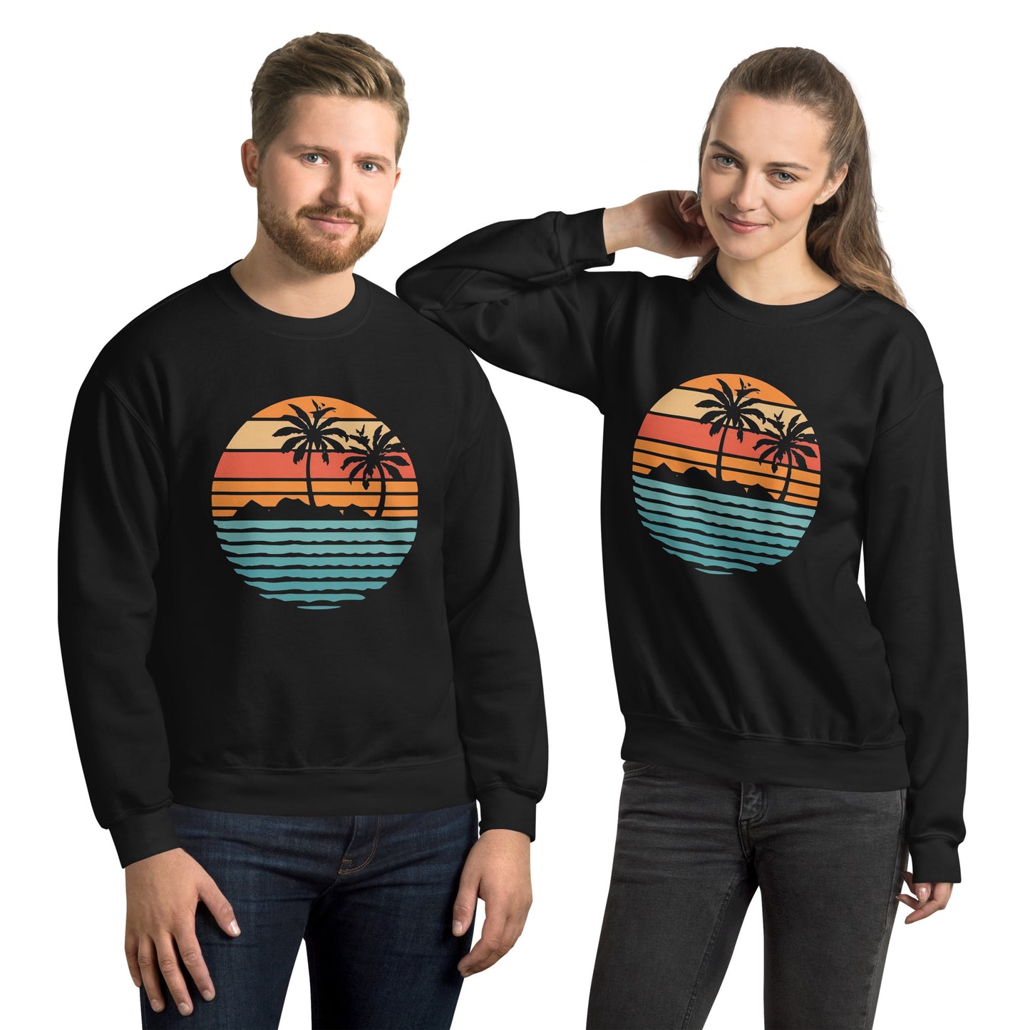 Men and women with black sweatshirt and a print of retro island