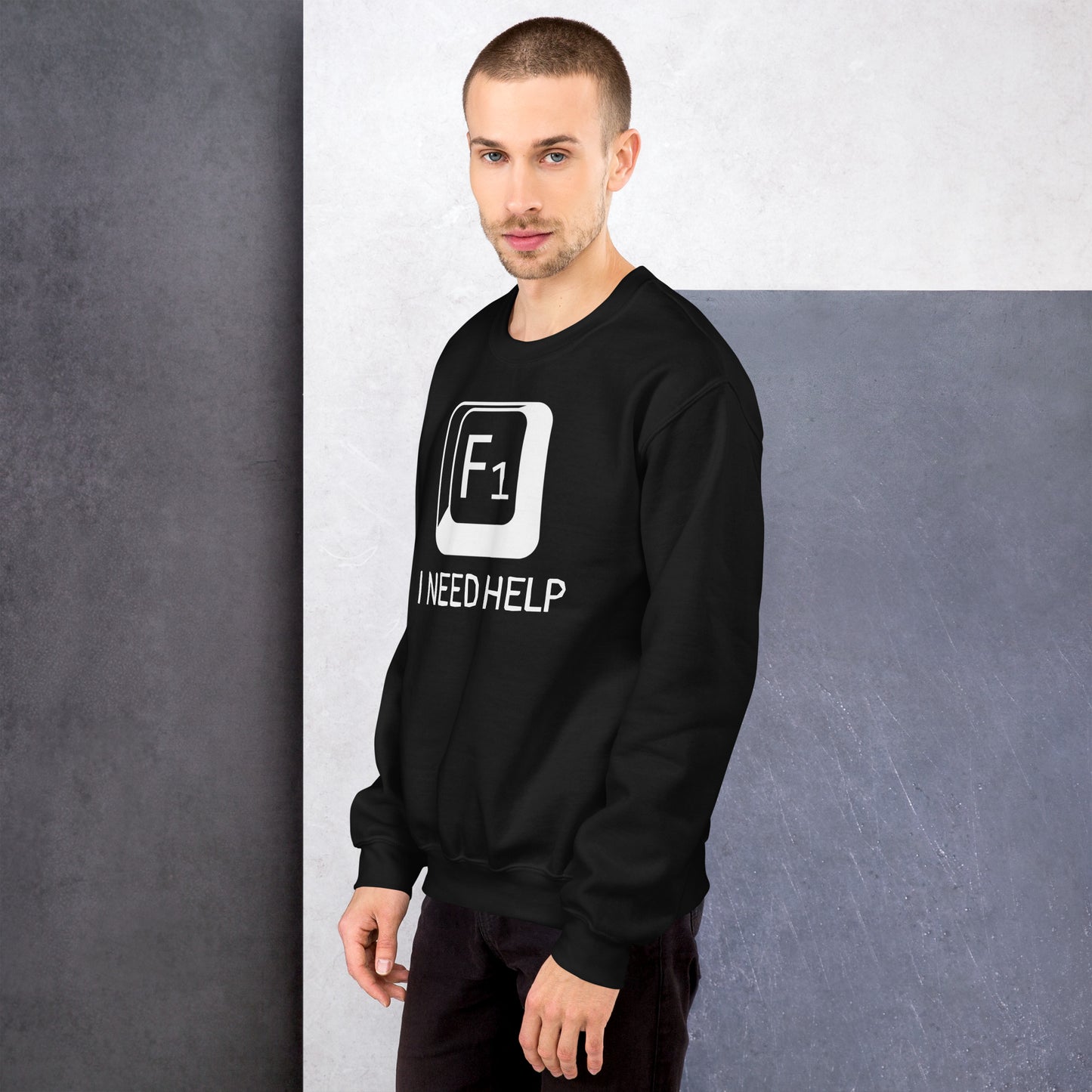 Men with black sweatshirt and a picture of F1 key with text "I need help"