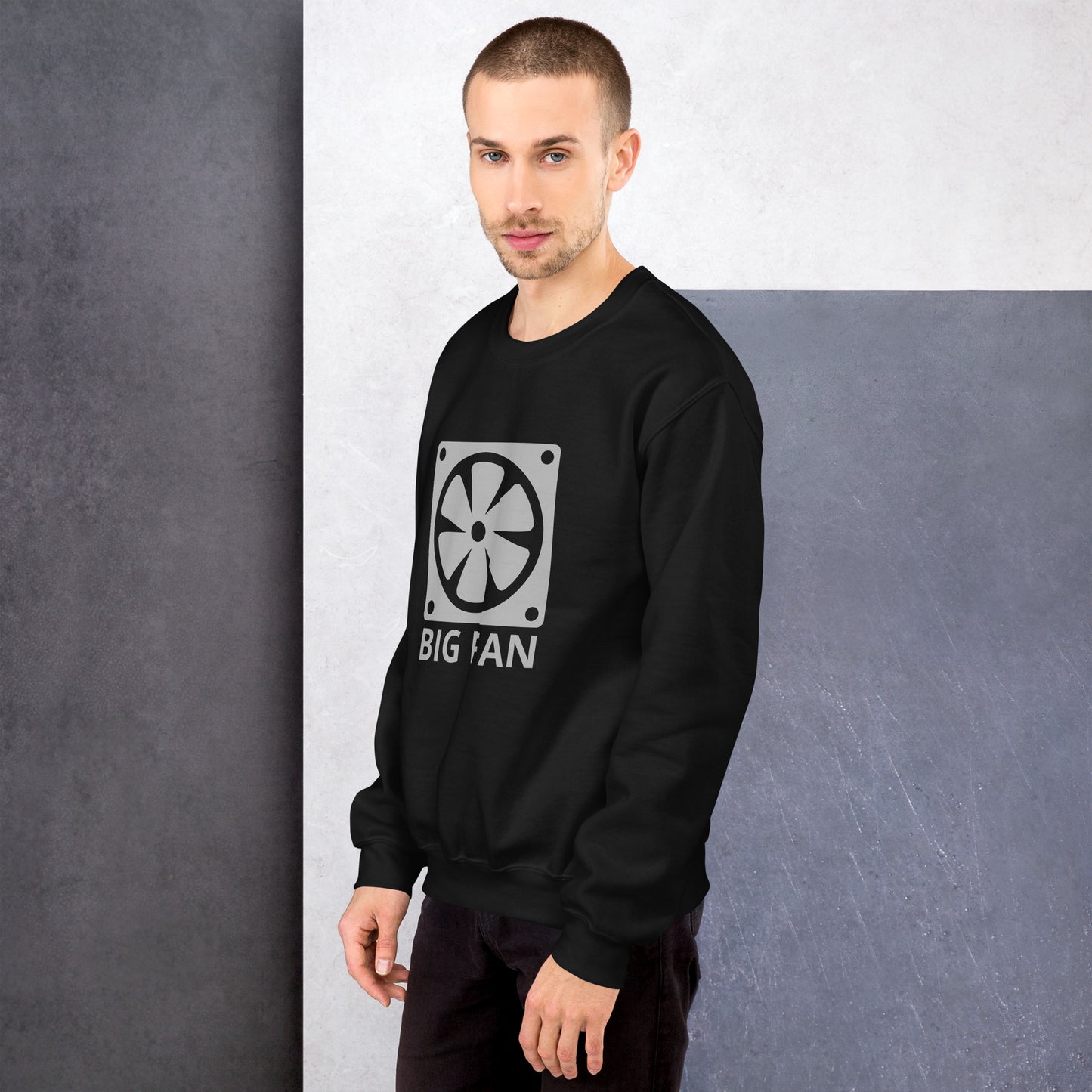 Men with black sweatshirt with image of a big computer fan and the text "BIG FAN"