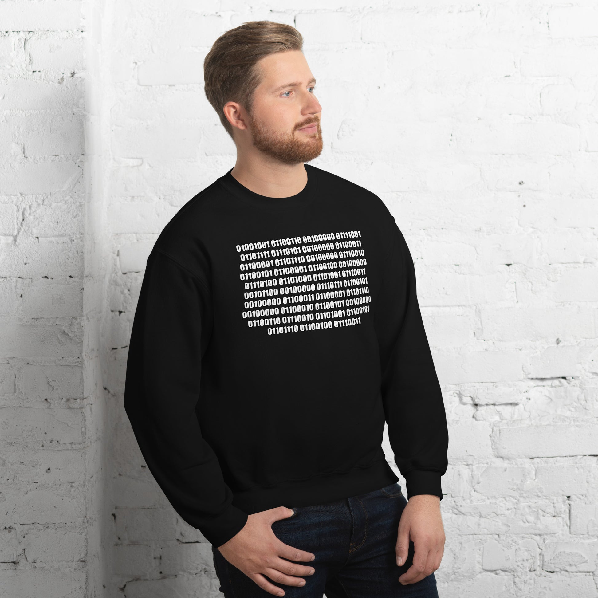Men with black sweatshirt with binaire text "If you can read this"