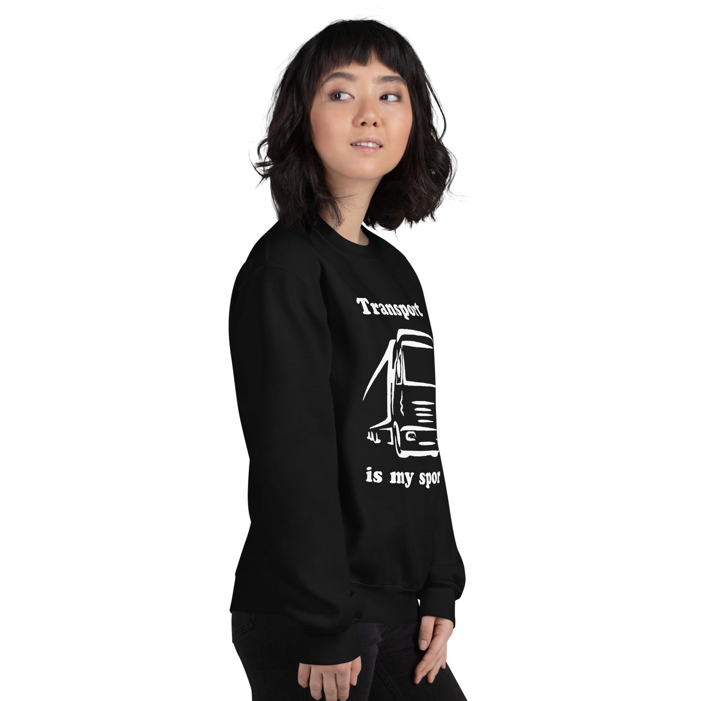 Woman with black sweatshirt with picture of truck and text "Transport is my sport"