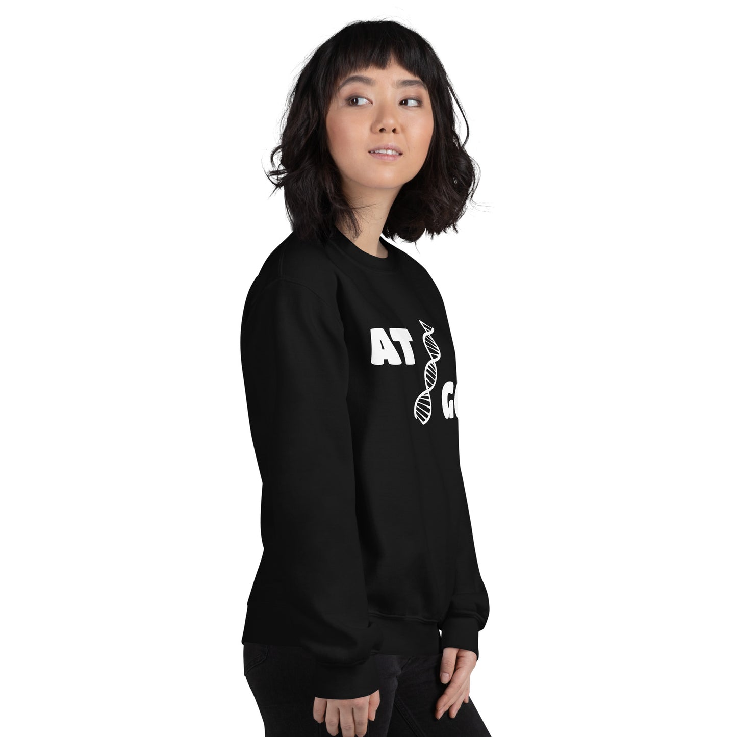 Women with black sweatshirt with image of a DNA string and the text "ATGC"