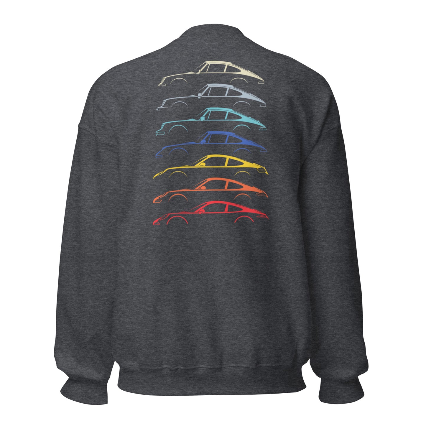 Dark heather grey sweatshirt with car silouttes on the back